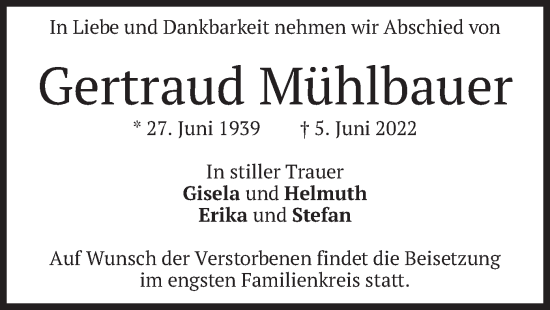 Traueranzeige von Gertraud Mühlbauer von merkurtz