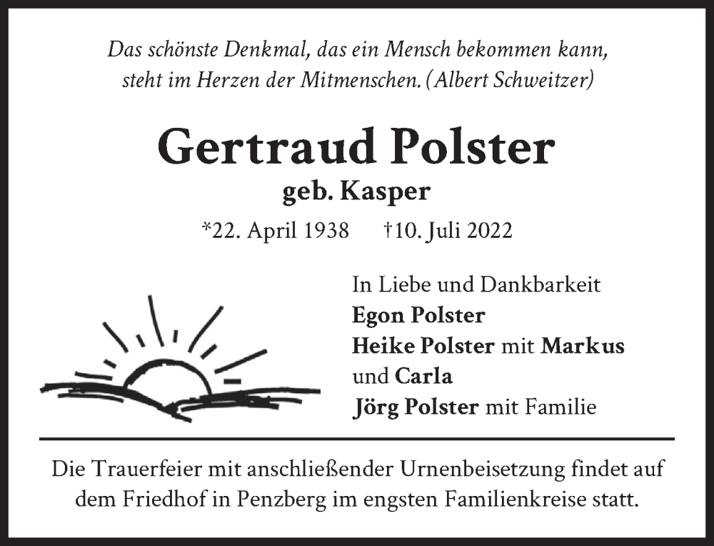  Traueranzeige für Gertraud Polster vom 22.07.2022 aus Das Gelbe Blatt Penzberg
