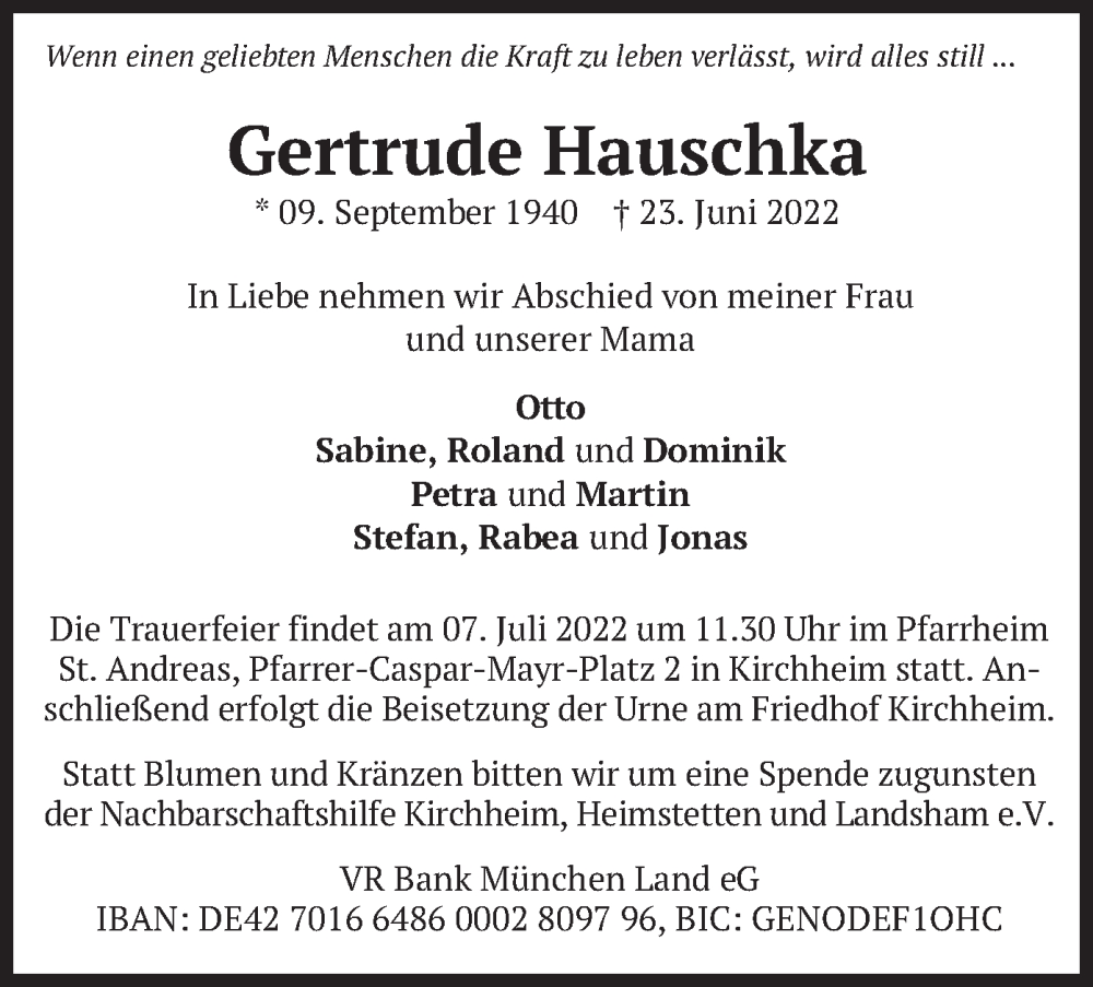  Traueranzeige für Gertrude Hauschka vom 02.07.2022 aus merkurtz