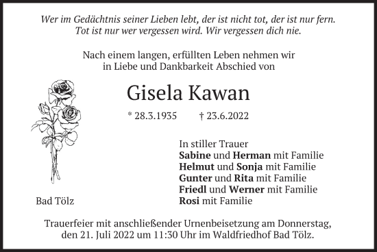 Traueranzeige von Gisela Kawan von merkurtz
