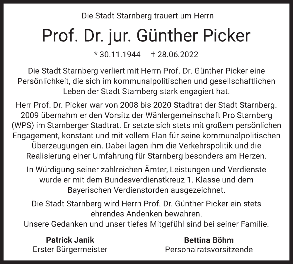  Traueranzeige für Günther Picker vom 06.07.2022 aus merkurtz