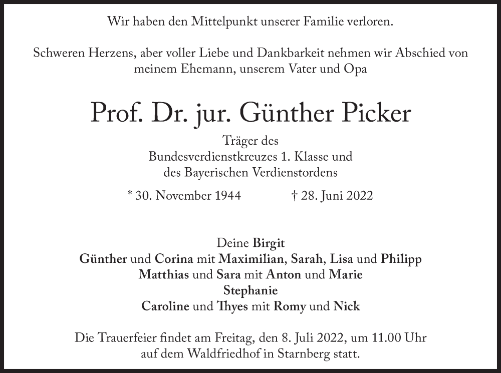  Traueranzeige für Günther Picker vom 02.07.2022 aus merkurtz