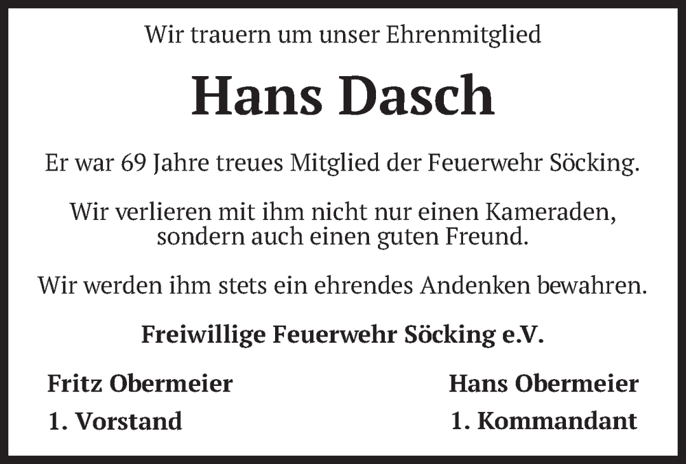  Traueranzeige für Hans Dasch vom 02.07.2022 aus merkurtz