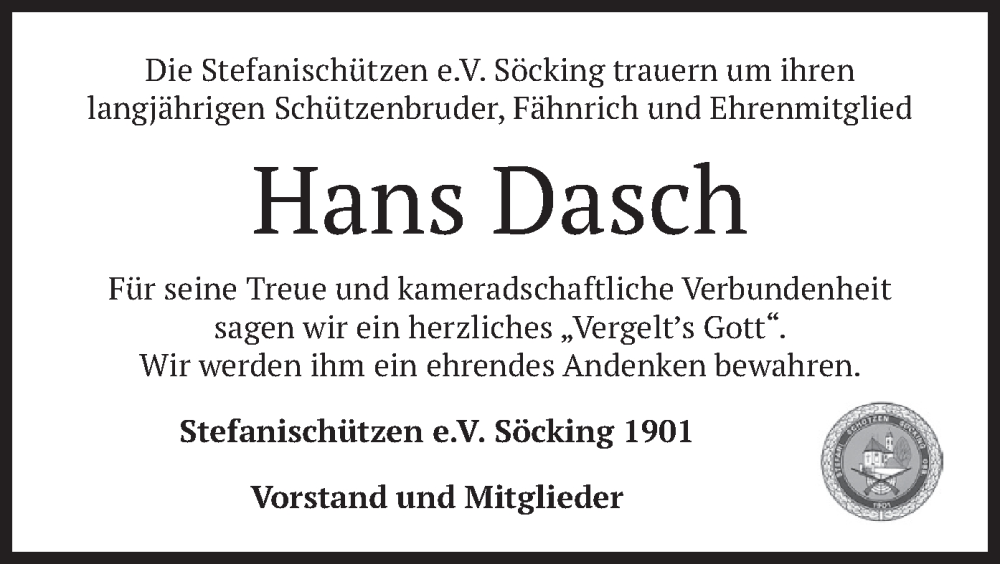  Traueranzeige für Hans Dasch vom 02.07.2022 aus merkurtz