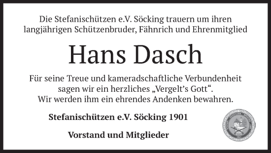Traueranzeige von Hans Dasch von merkurtz
