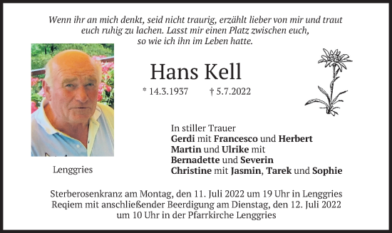 Traueranzeige von Hans Kell von merkurtz