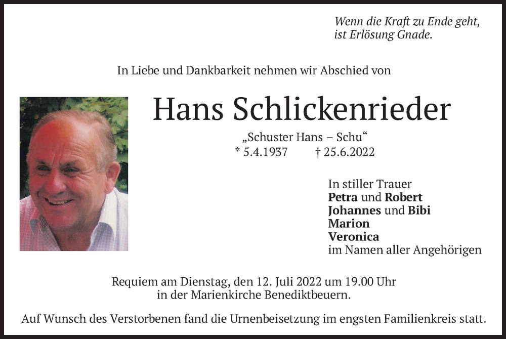  Traueranzeige für Hans Schlickenrieder vom 09.07.2022 aus merkurtz