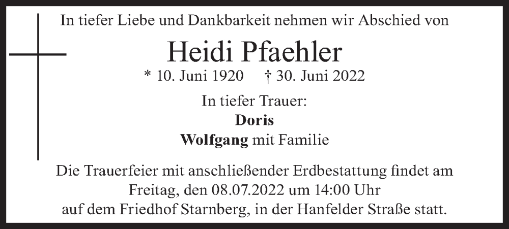  Traueranzeige für Heidi Pfaehler vom 05.07.2022 aus merkurtz