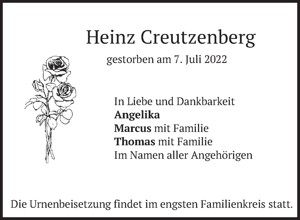  Traueranzeige für Heinz Creutzenberg vom 11.07.2022 aus merkurtz