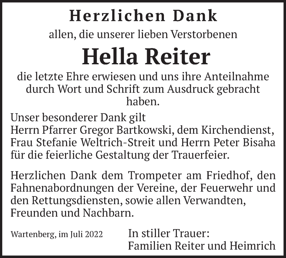  Traueranzeige für Hella Reiter vom 16.07.2022 aus merkurtz