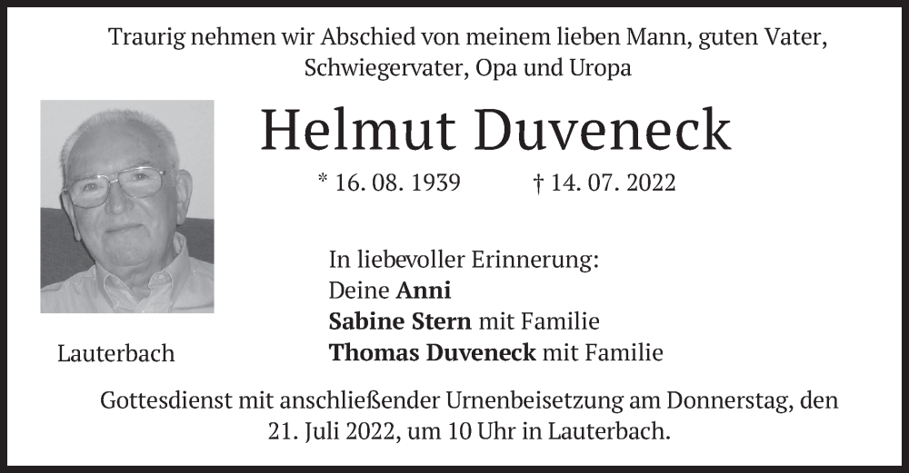  Traueranzeige für Helmut Duveneck vom 21.07.2022 aus merkurtz