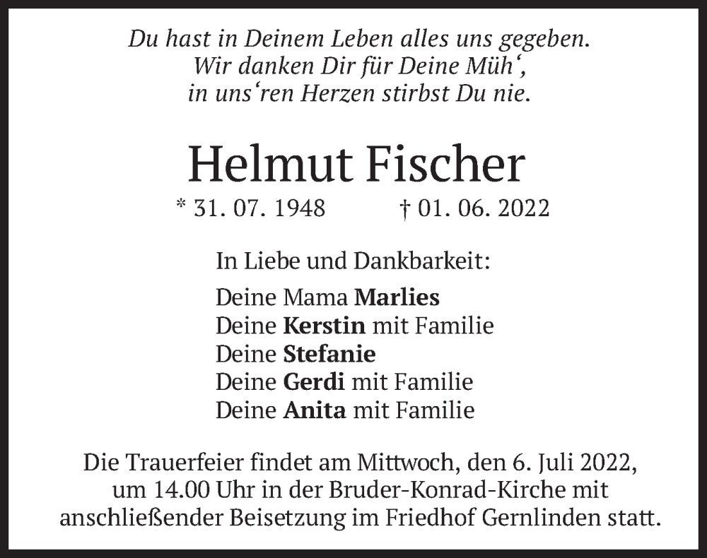  Traueranzeige für Helmut Fischer vom 02.07.2022 aus merkurtz