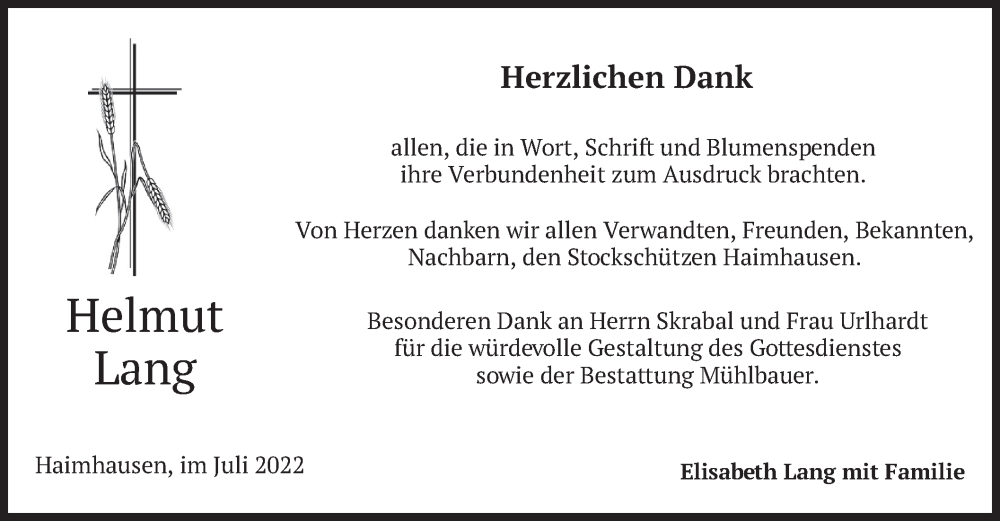  Traueranzeige für Helmut Lang vom 02.07.2022 aus merkurtz