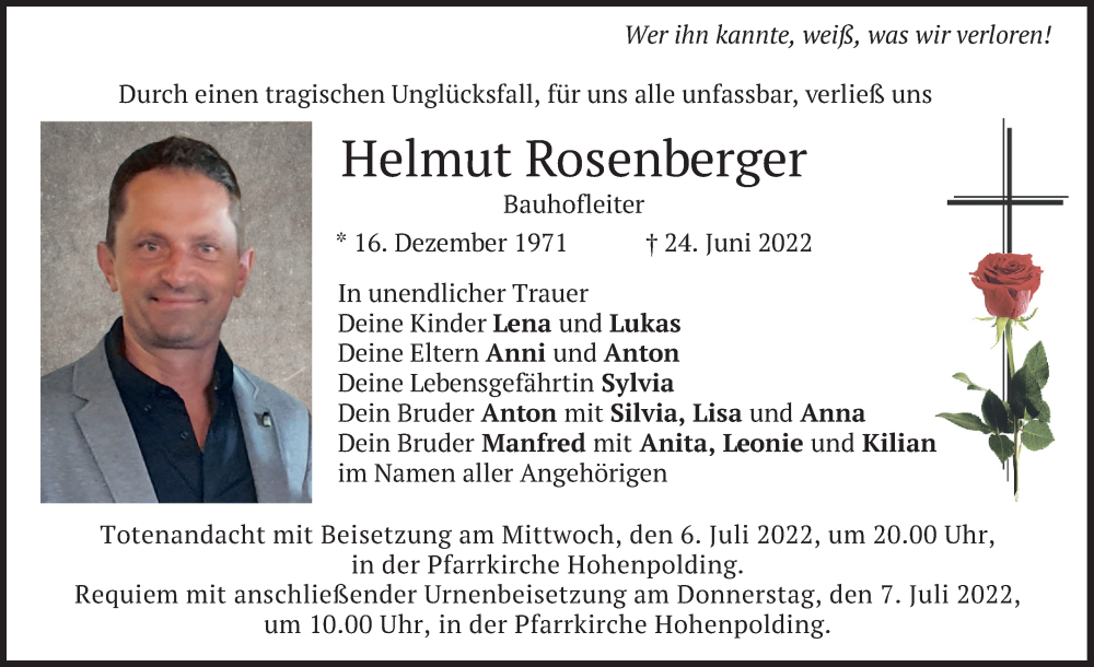  Traueranzeige für Helmut Rosenberger vom 02.07.2022 aus merkurtz