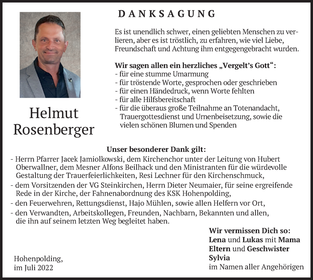  Traueranzeige für Helmut Rosenberger vom 16.07.2022 aus merkurtz