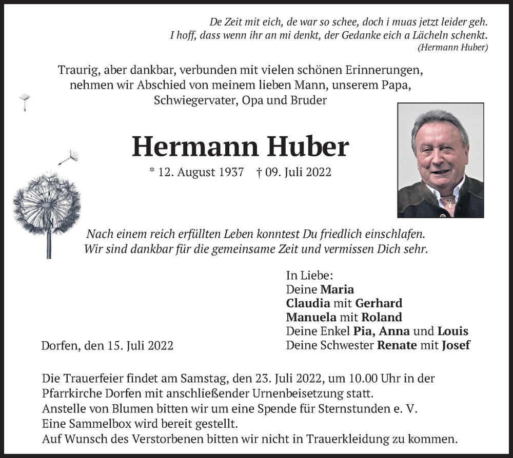  Traueranzeige für Hermann Huber vom 15.07.2022 aus merkurtz