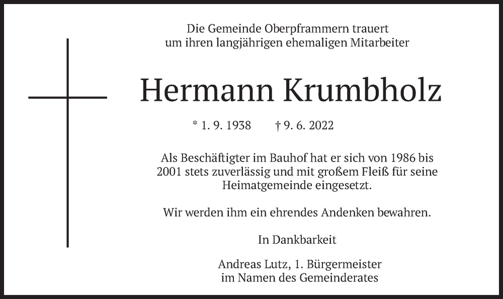  Traueranzeige für Hermann Krumbholz vom 09.07.2022 aus merkurtz