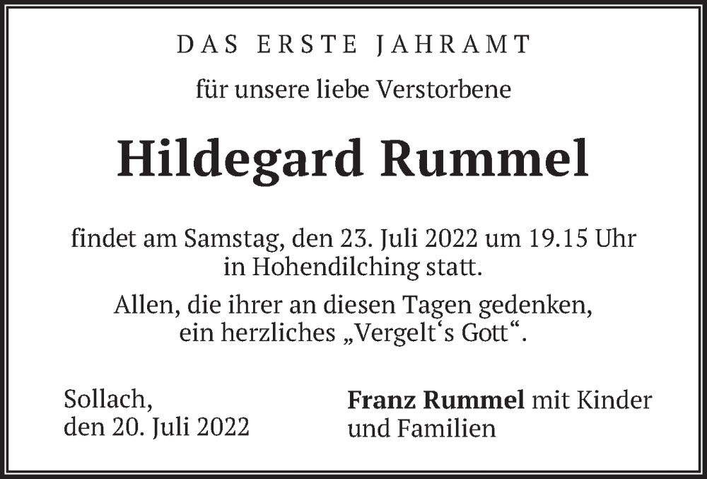  Traueranzeige für Hildegard Rummel vom 20.07.2022 aus merkurtz