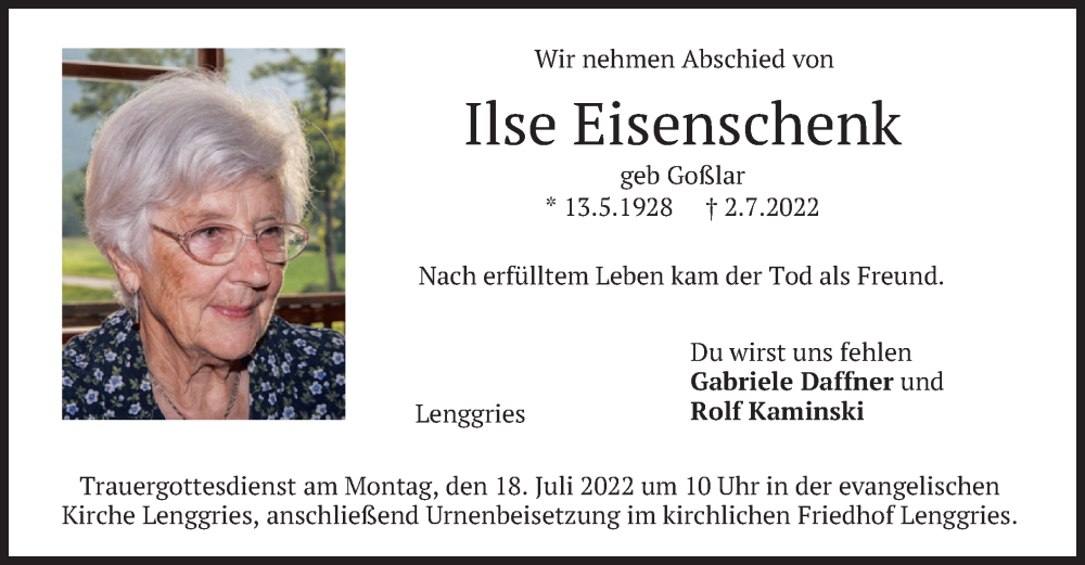  Traueranzeige für Ilse Eisenschenk vom 14.07.2022 aus merkurtz