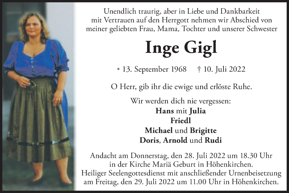  Traueranzeige für Inge Gigl vom 23.07.2022 aus merkurtz