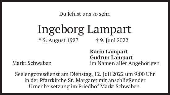 Traueranzeige von Ingeborg Lampart von merkurtz