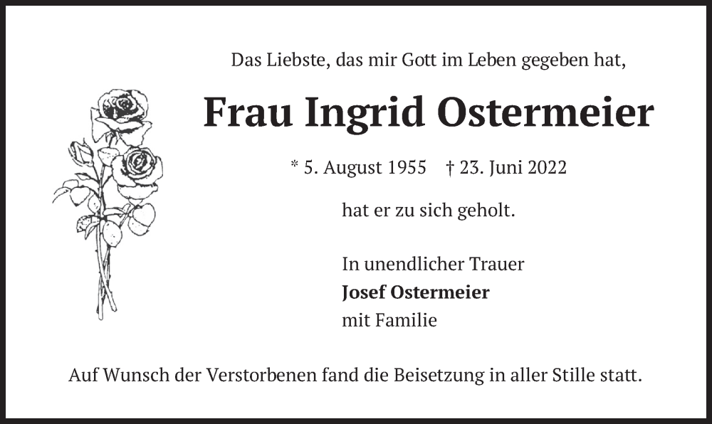  Traueranzeige für Ingrid Ostermeier vom 09.07.2022 aus merkurtz