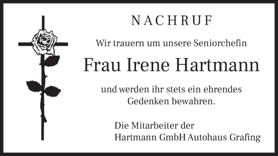 Traueranzeige von Irene Hartmann von merkurtz