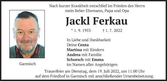 Traueranzeige von Jackl Ferkau von merkurtz