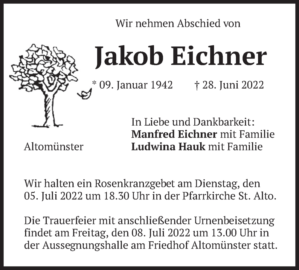  Traueranzeige für Jakob Eichner vom 02.07.2022 aus merkurtz