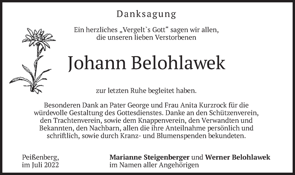  Traueranzeige für Johann Belohlawek vom 02.07.2022 aus merkurtz