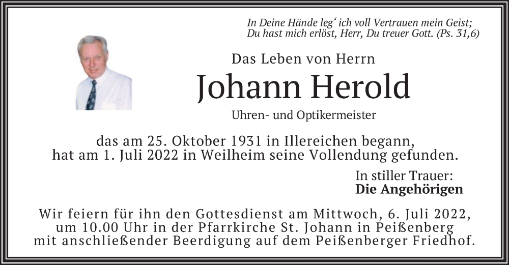  Traueranzeige für Johann Herold vom 05.07.2022 aus merkurtz