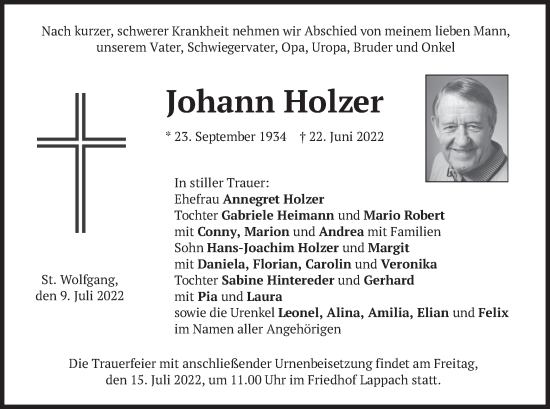 Traueranzeige von Johann Holzer von merkurtz