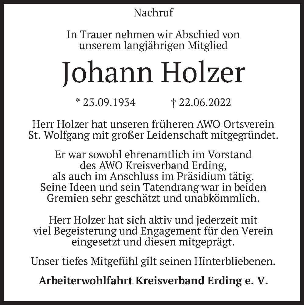  Traueranzeige für Johann Holzer vom 27.07.2022 aus merkurtz