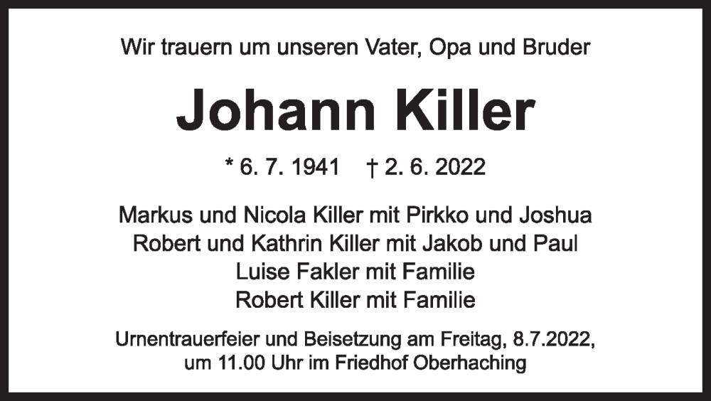  Traueranzeige für Johann Killer vom 02.07.2022 aus merkurtz