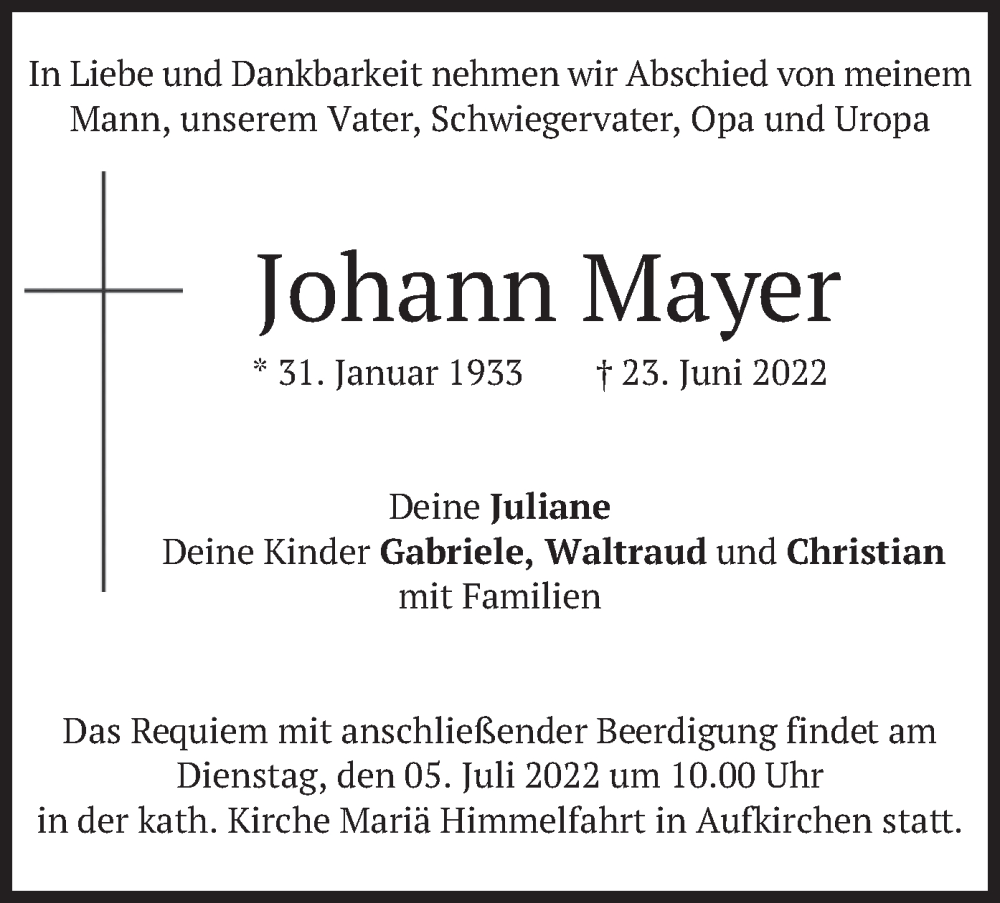  Traueranzeige für Johann Mayer vom 02.07.2022 aus merkurtz