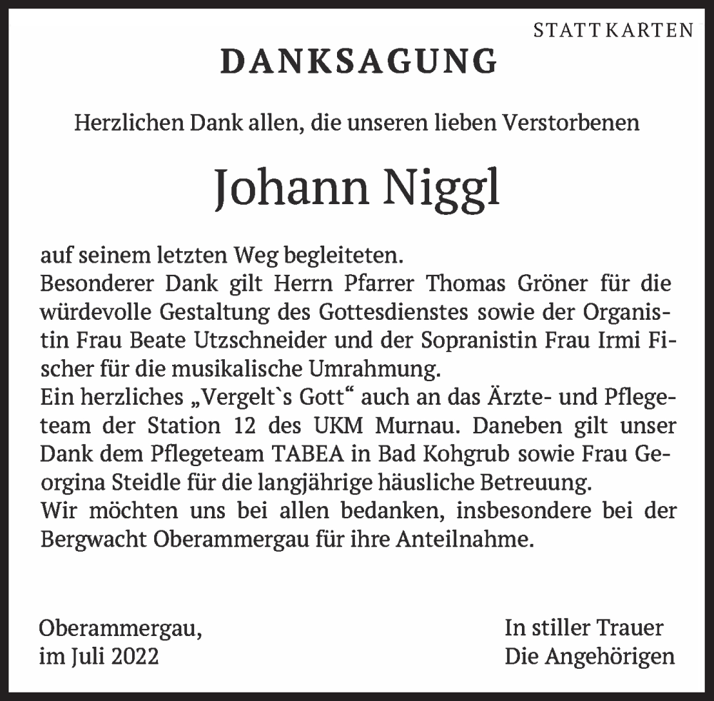  Traueranzeige für Johann Niggl vom 06.07.2022 aus merkurtz