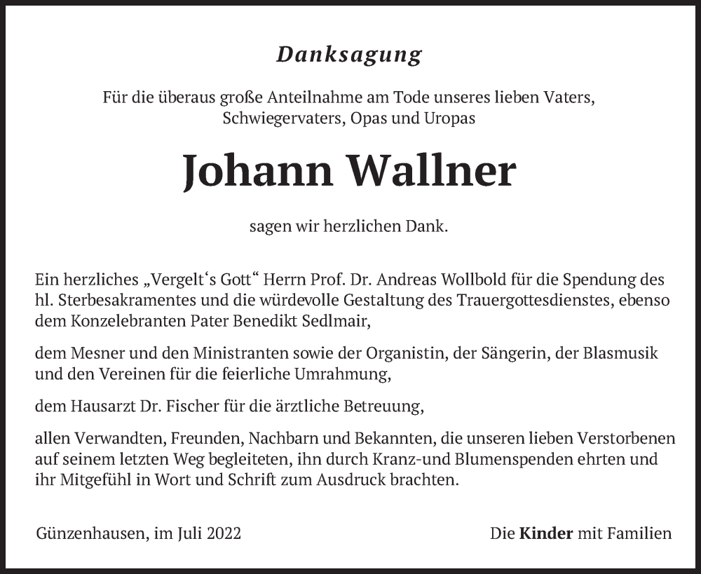  Traueranzeige für Johann Wallner vom 09.07.2022 aus merkurtz