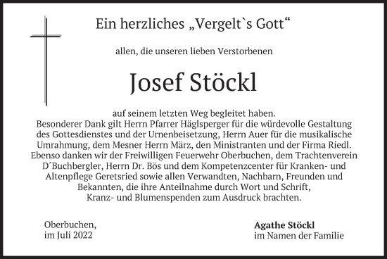 Traueranzeige von Josef Stöckl von merkurtz