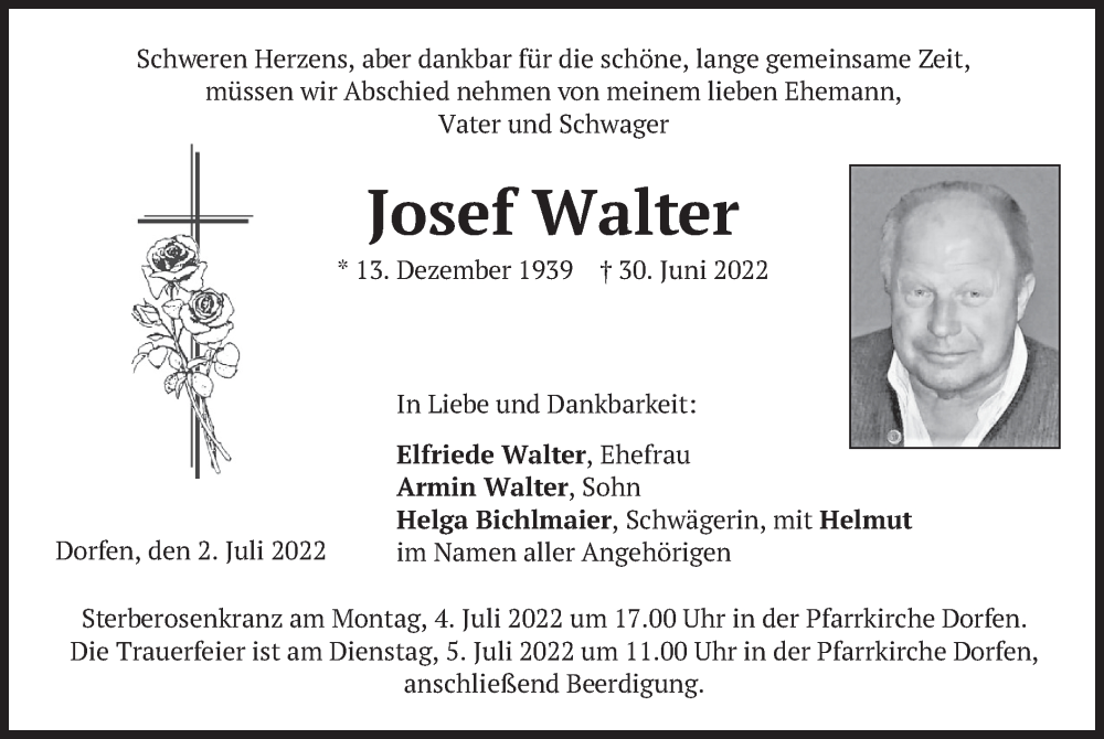  Traueranzeige für Josef Walter vom 02.07.2022 aus merkurtz
