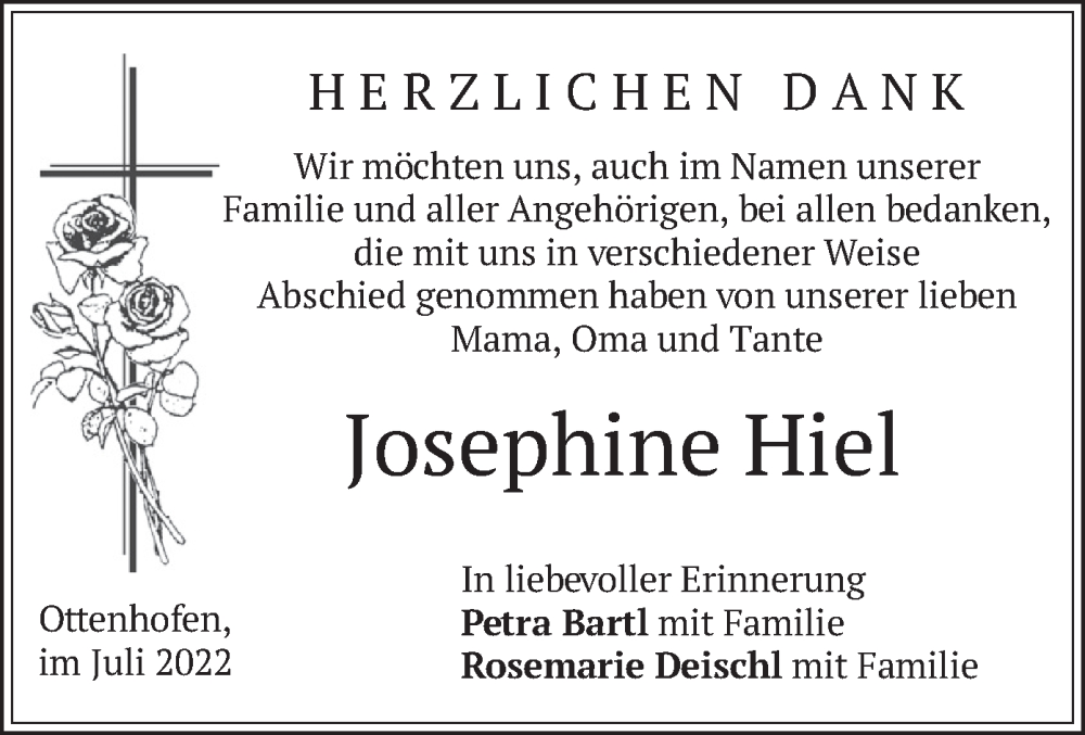  Traueranzeige für Josephine Hiel vom 02.07.2022 aus merkurtz