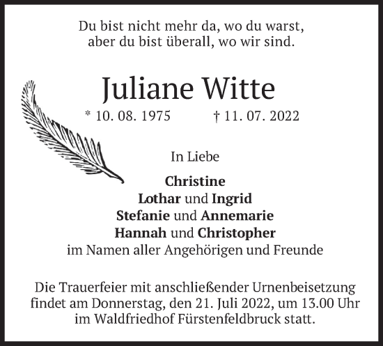 Traueranzeige von Juliane Witte von merkurtz