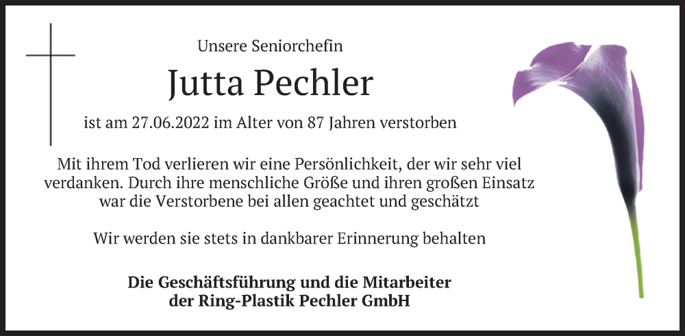  Traueranzeige für Jutta Pechler vom 23.07.2022 aus merkurtz