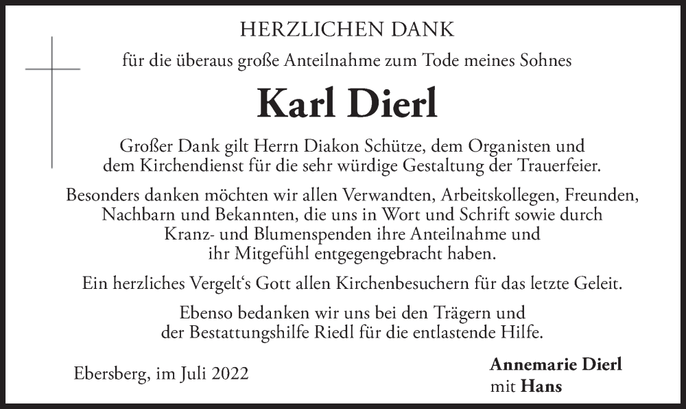  Traueranzeige für Karl Dierl vom 09.07.2022 aus merkurtz