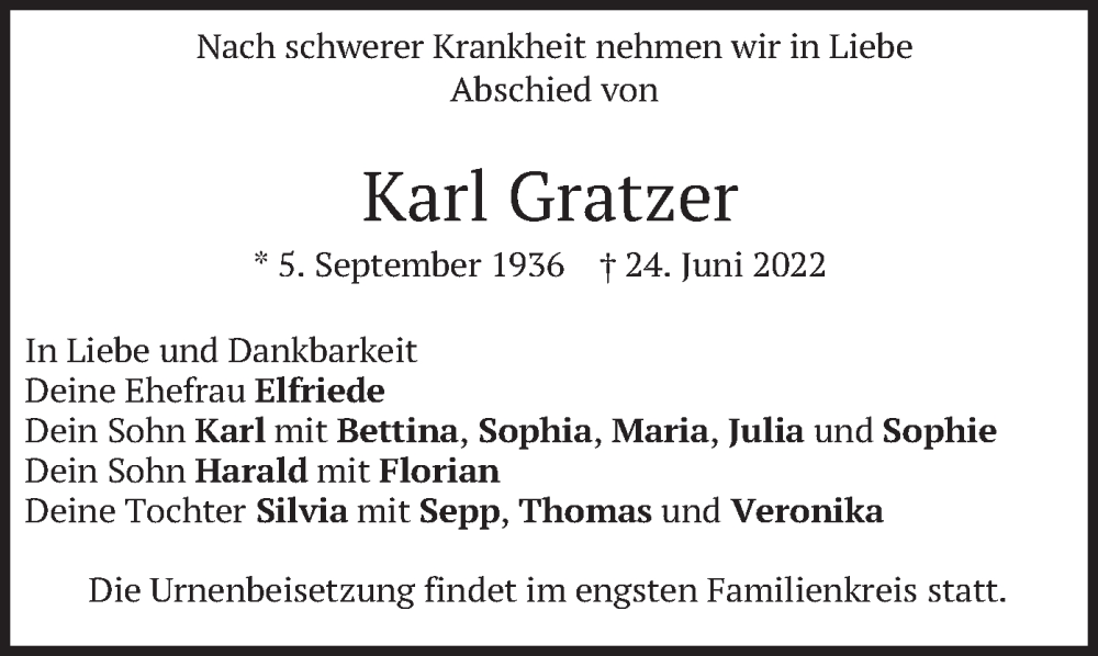  Traueranzeige für Karl Gratzer vom 02.07.2022 aus merkurtz