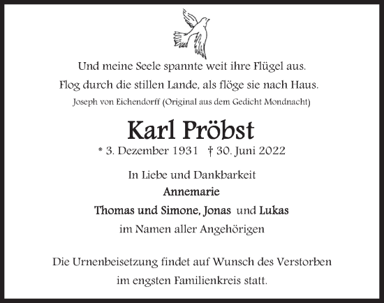 Traueranzeige von Karl Pröbst von merkurtz