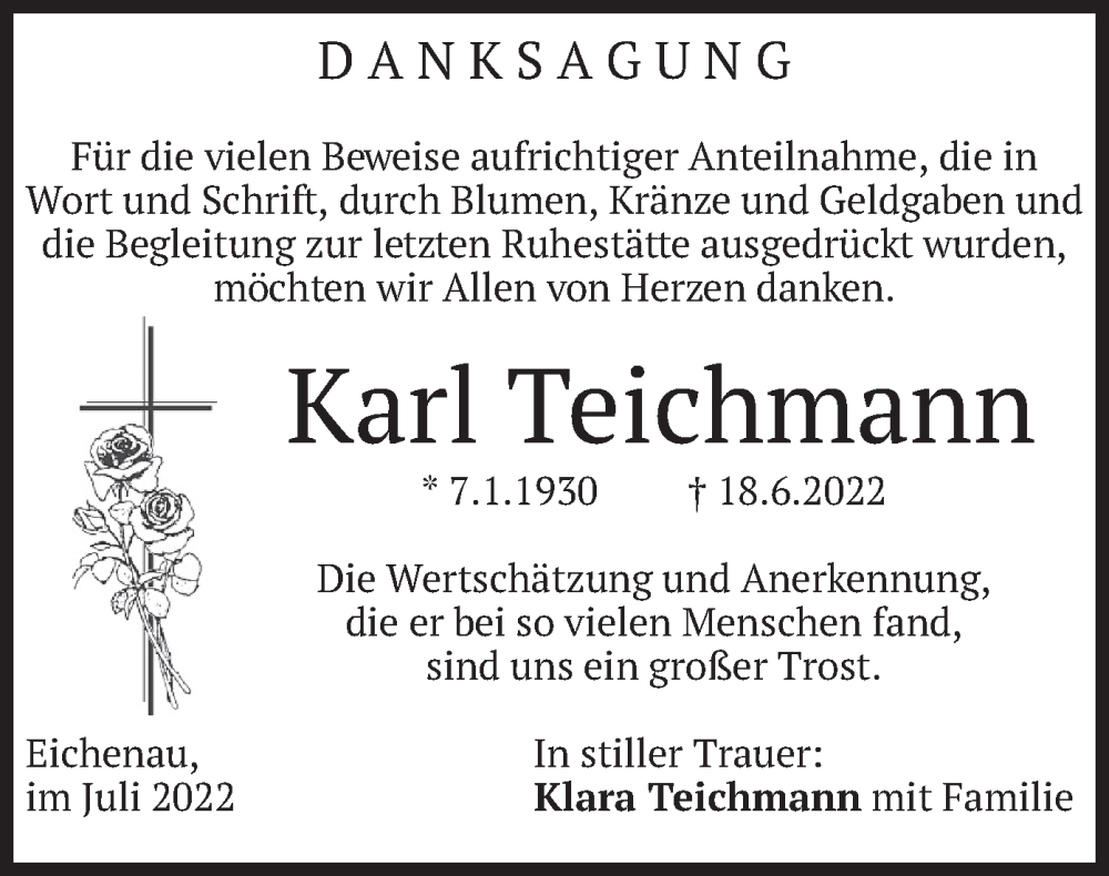  Traueranzeige für Karl Teichmann vom 23.07.2022 aus merkurtz