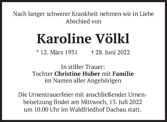 Traueranzeige von Karoline Völkl von merkurtz