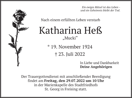 Traueranzeige von Katharina Heß von merkurtz