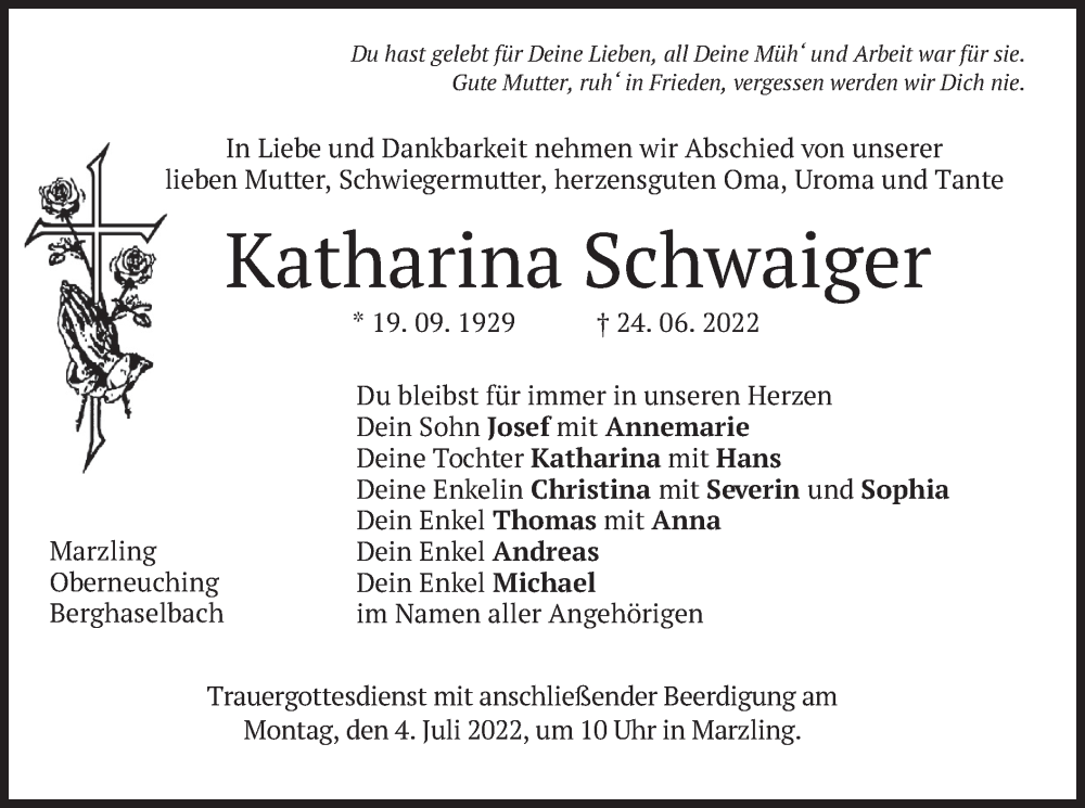  Traueranzeige für Katharina Schwaiger vom 01.07.2022 aus merkurtz