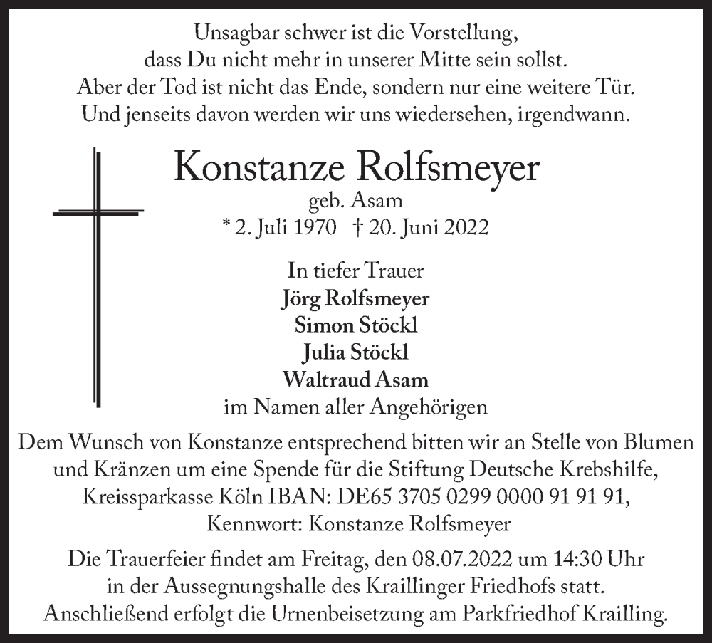  Traueranzeige für Konstanze Rolfsmeyer vom 02.07.2022 aus merkurtz